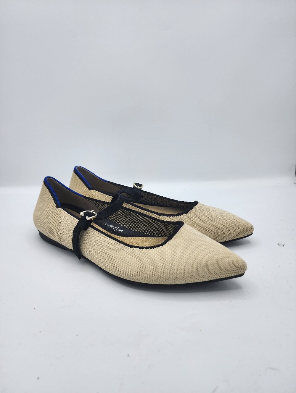Rothy's Beige Pointed Mary Jane Flats with Black Trim